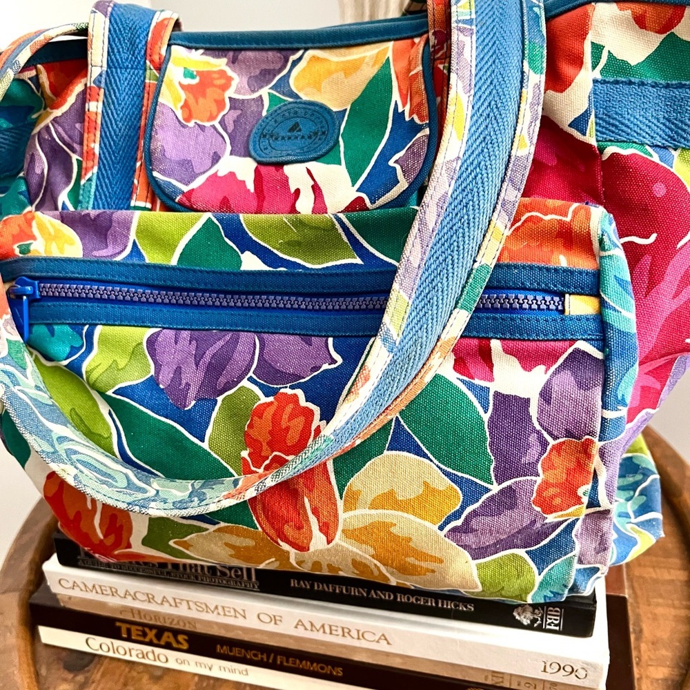 Vintage 90s Floral Multicolor Tote Bag Liz Claiborne Spring Summer Festival - Picture 2 of 8